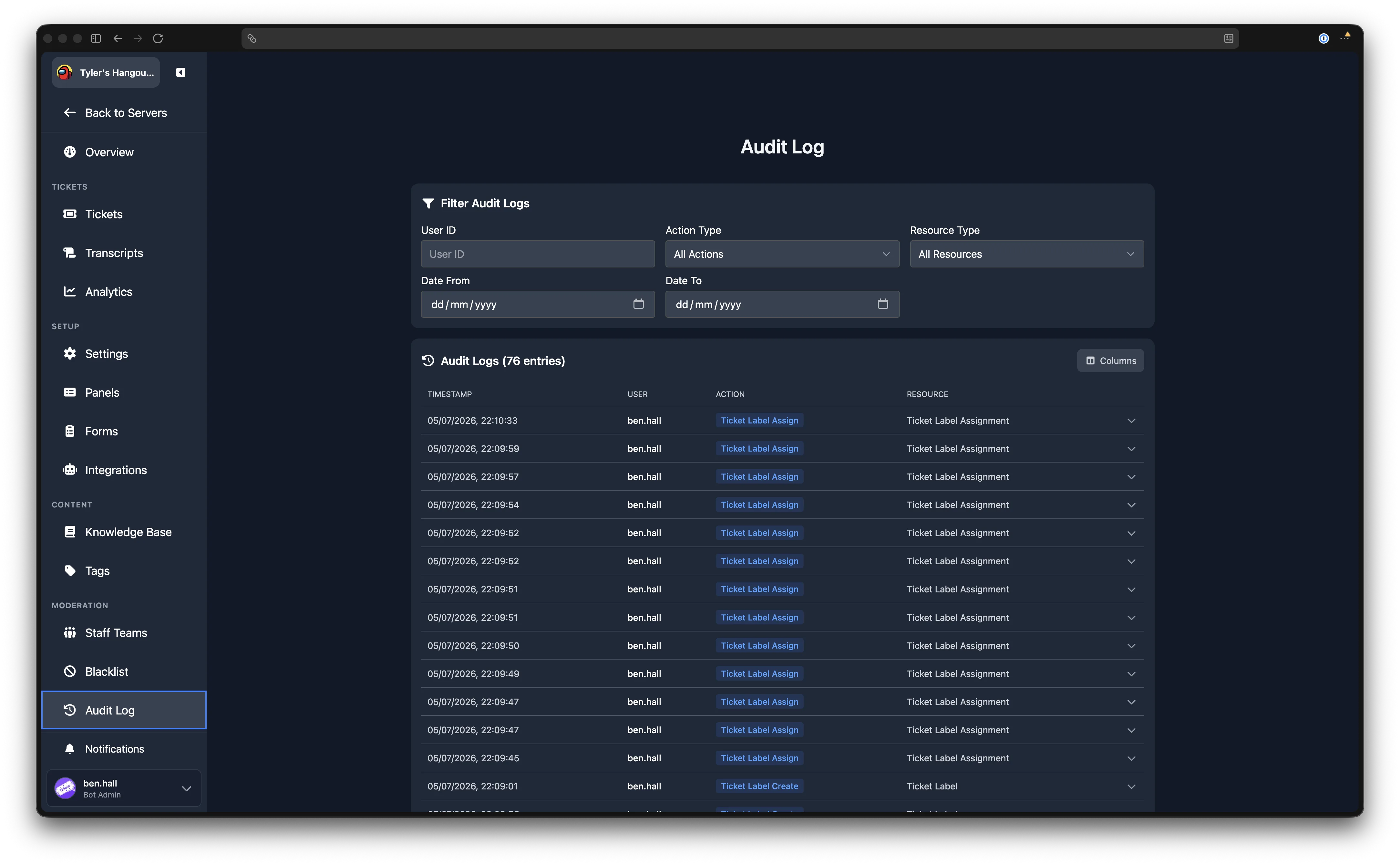 Audit log page