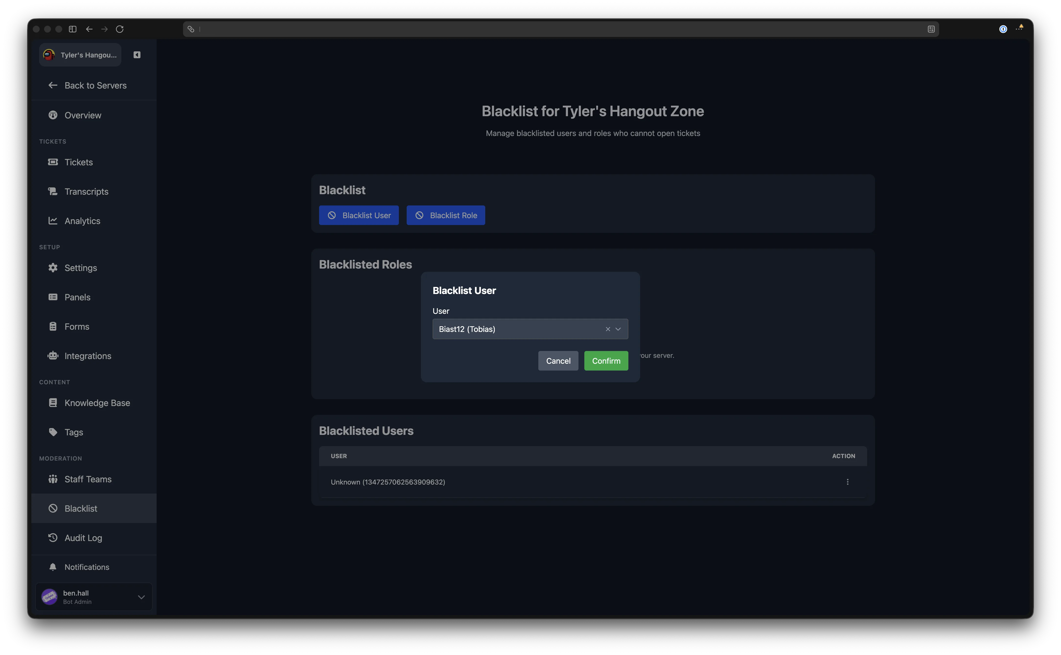 Blacklist user modal