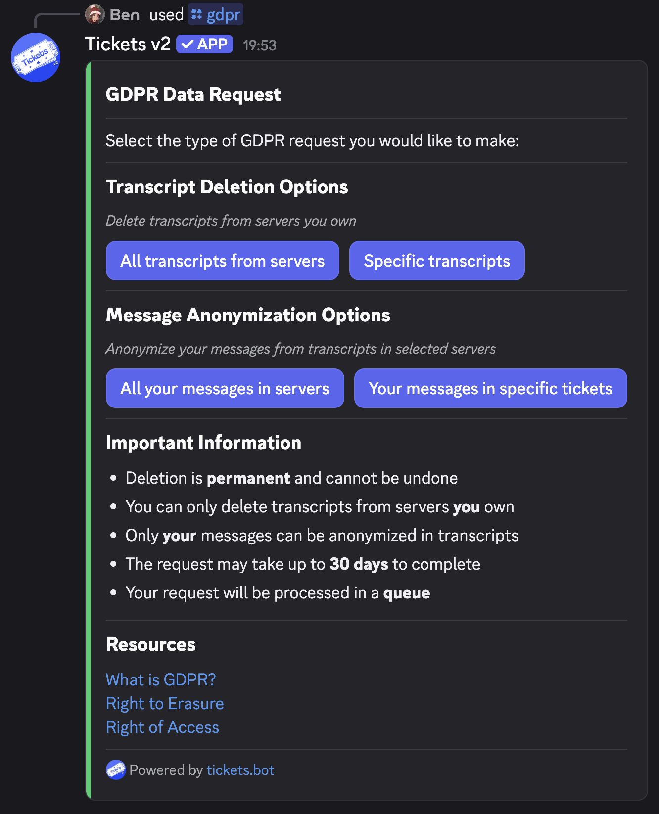 GDPR Request Menu