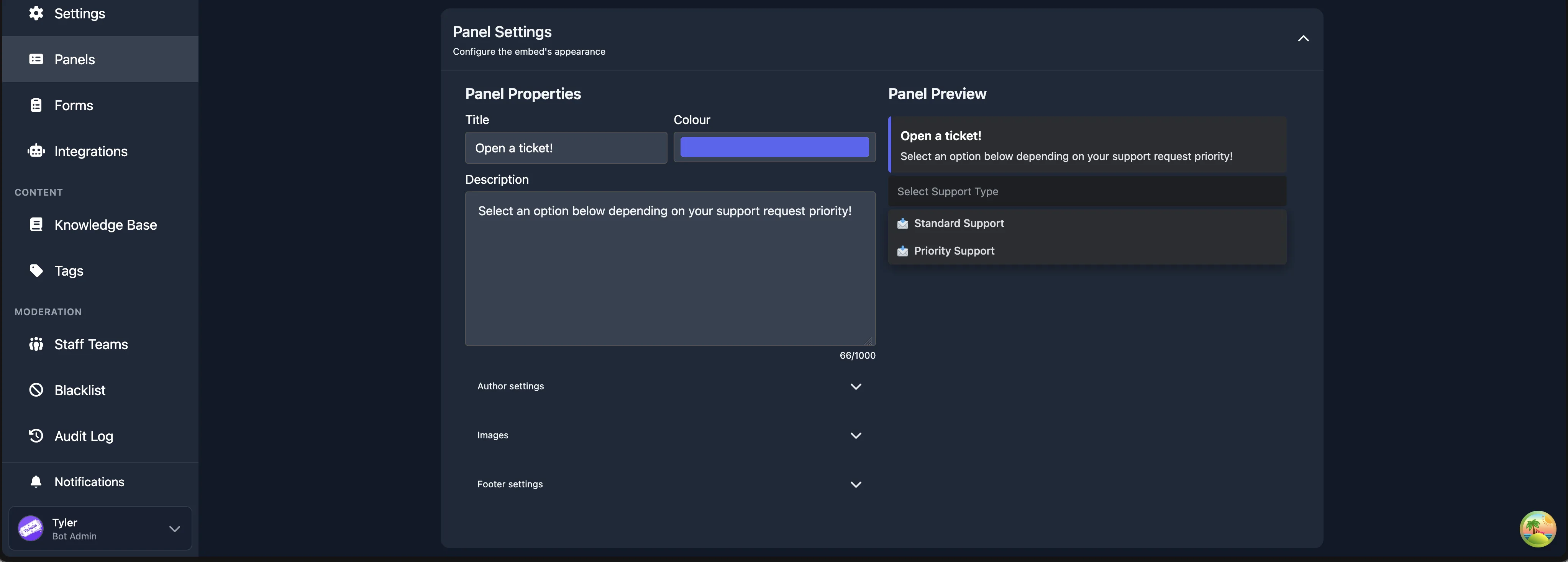 Multi-panel settings