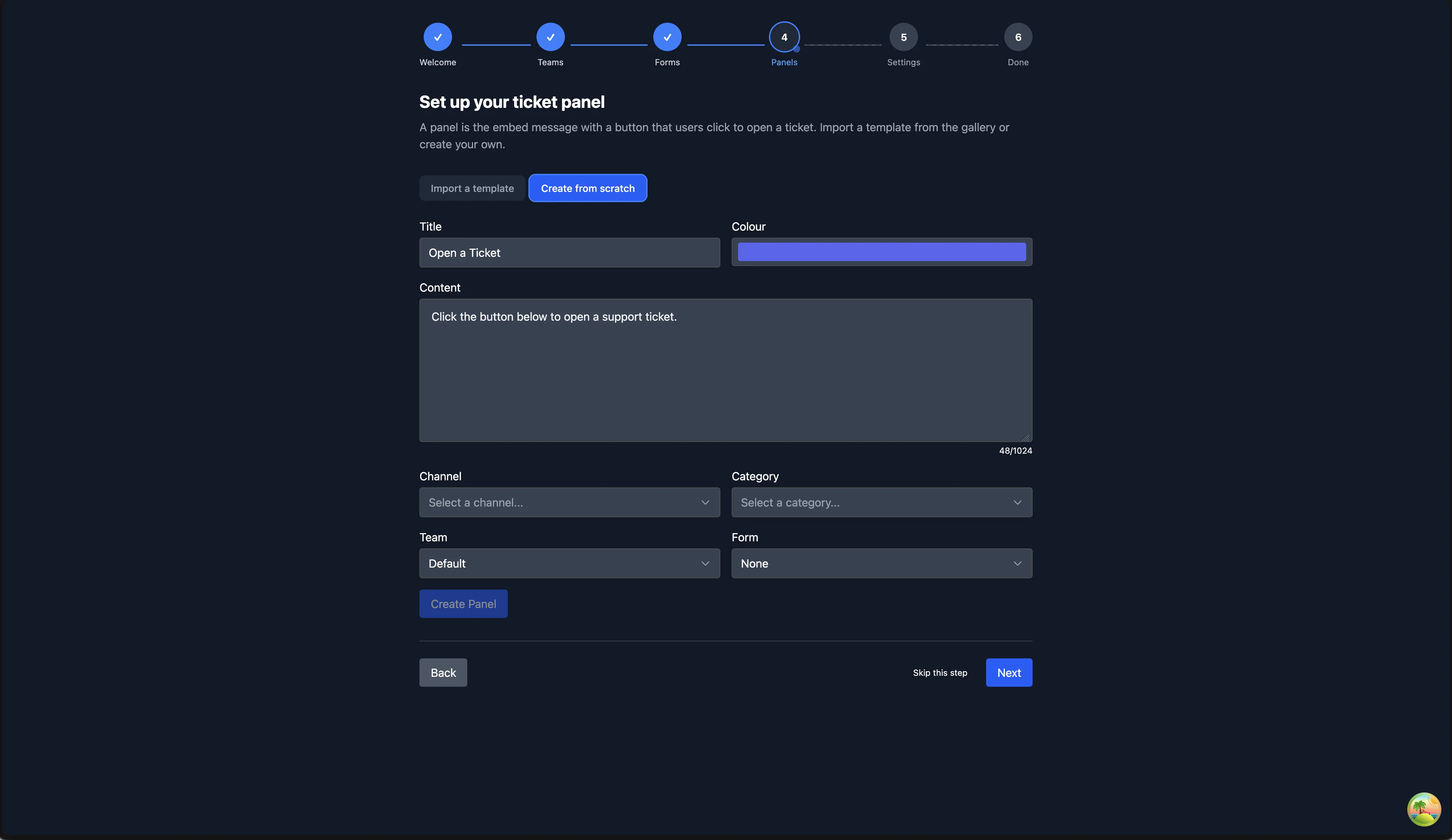 Onboarding panels create